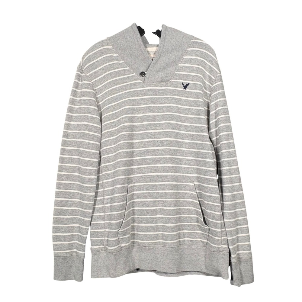 American Eagle Striped Sweatshirt Grey White Button Pullover Mens Medium